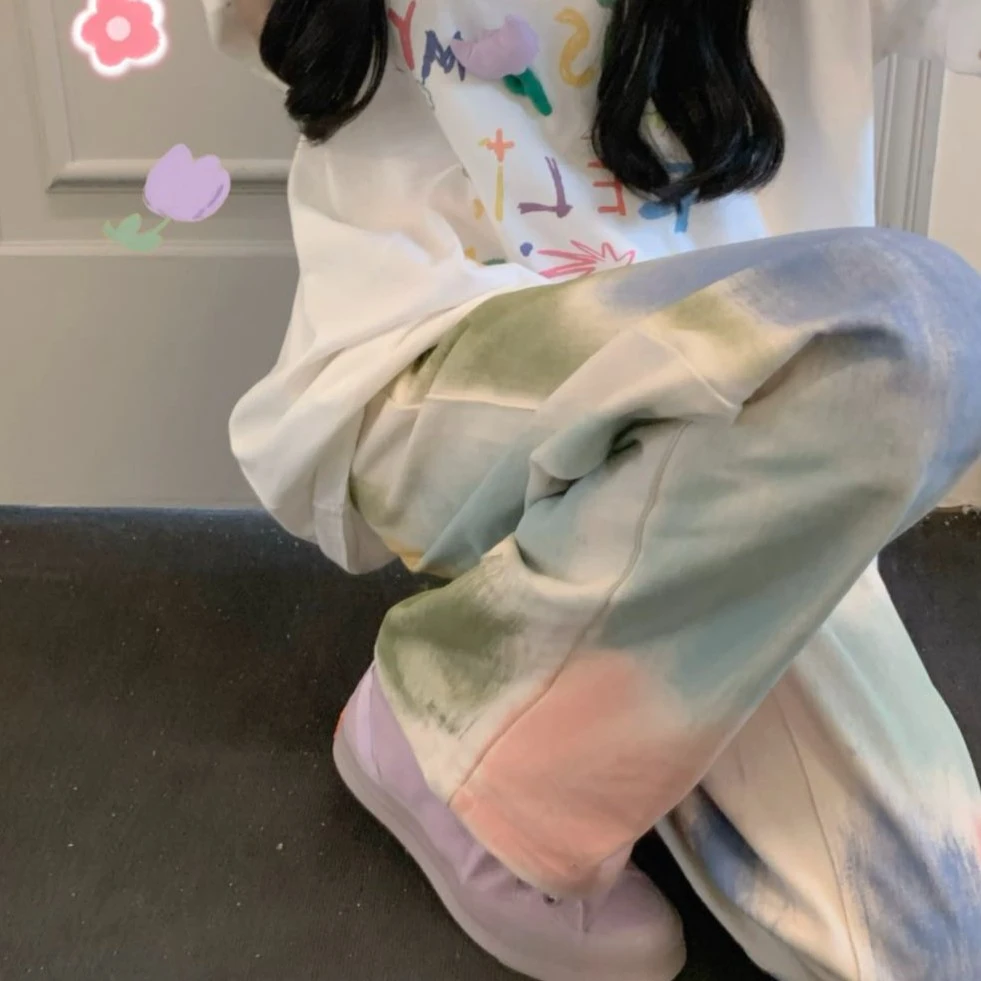 121松本丧丧彩色扎染裤子气质街头风ins直筒牛仔裤B222K0087