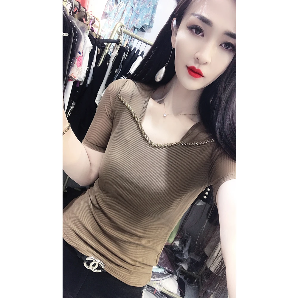 夏装新款修身性感U领短袖T恤女欧洲站重工钉珠半袖小衫网纱上衣潮