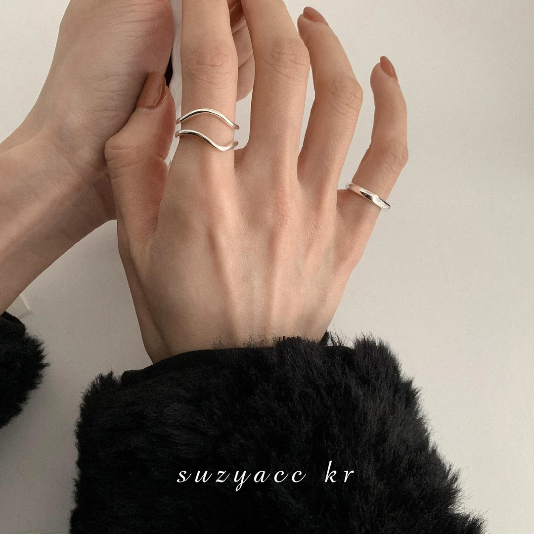 Suzyacc Kr 925银戒指 极简风波浪双层戒指女简约小众J0381