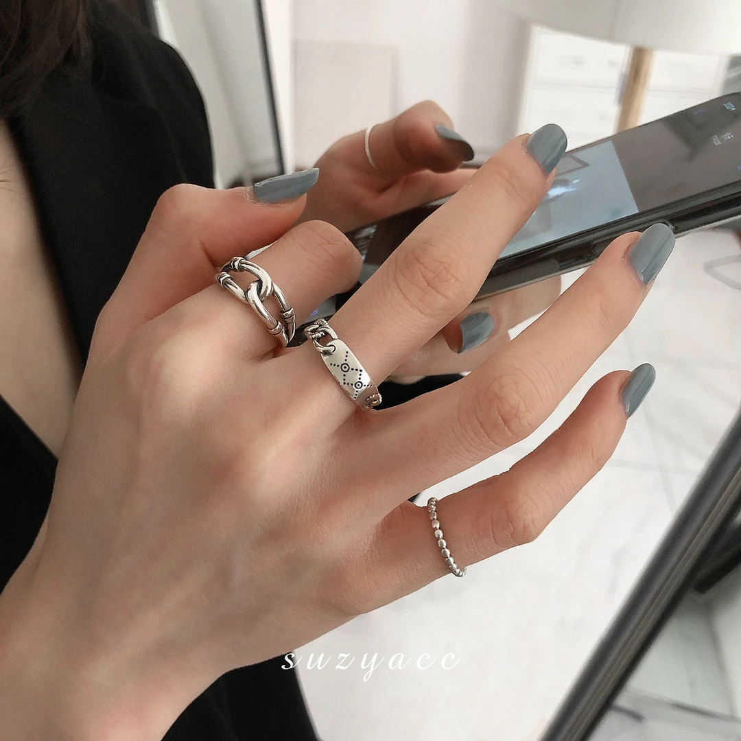 Suzyacc Kr 925银戒指 时尚小众设计感指环戒指链条百搭手饰J0143