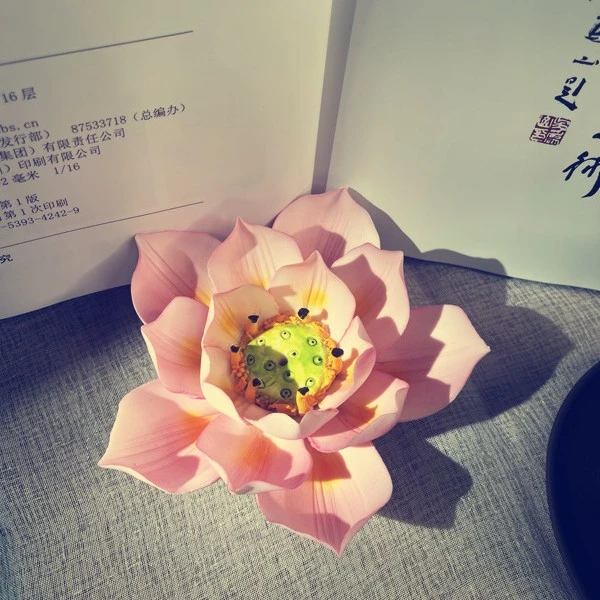 中式陶瓷纯手工捏花荷花莲花摆件（香插）茶室家用禅意装饰工艺品