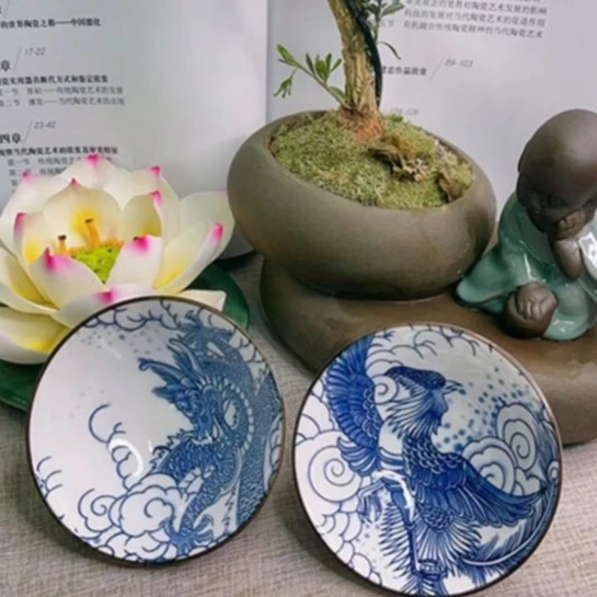 青花瓷茶杯茶盏斗笠杯套装功夫茶具陶瓷主人杯品茗杯龙凤对杯单杯