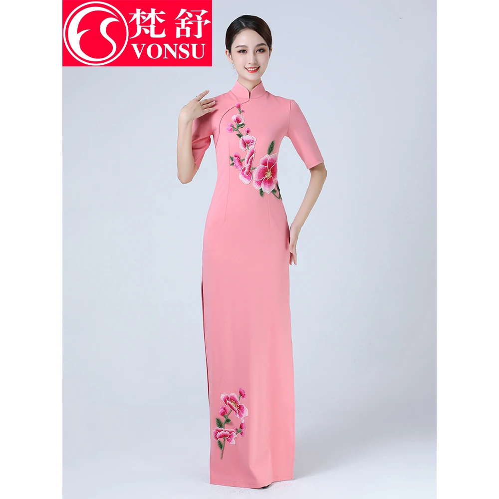 梵舒改良款旗袍演出服舞台走秀气质礼仪早春高端D9631不带披纱