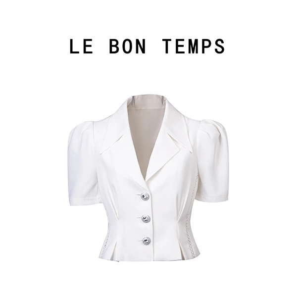 LBT春季气质薄款雪纺纽扣小西装泡泡袖短裤套装c800315