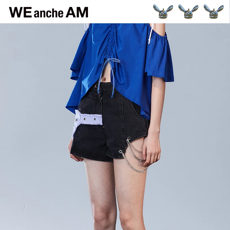 WEANCHEAM侧面爱心拼接蓝色小众高腰牛仔短裤短袖上衣短款夏季
