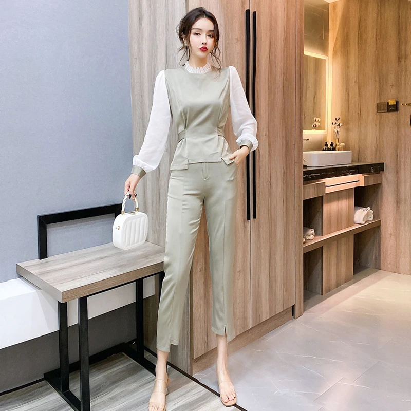 2023春季女神范职业名媛气质小个子套装长袖修身显瘦九分裤两件套
