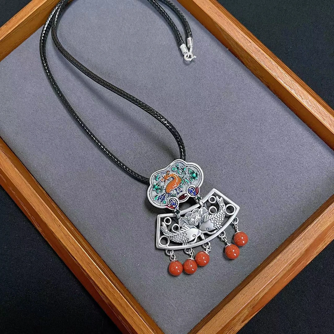 坠链均925银珐琅 【軒喜枫】纯银双鱼莲花古风如意吊坠项链流苏