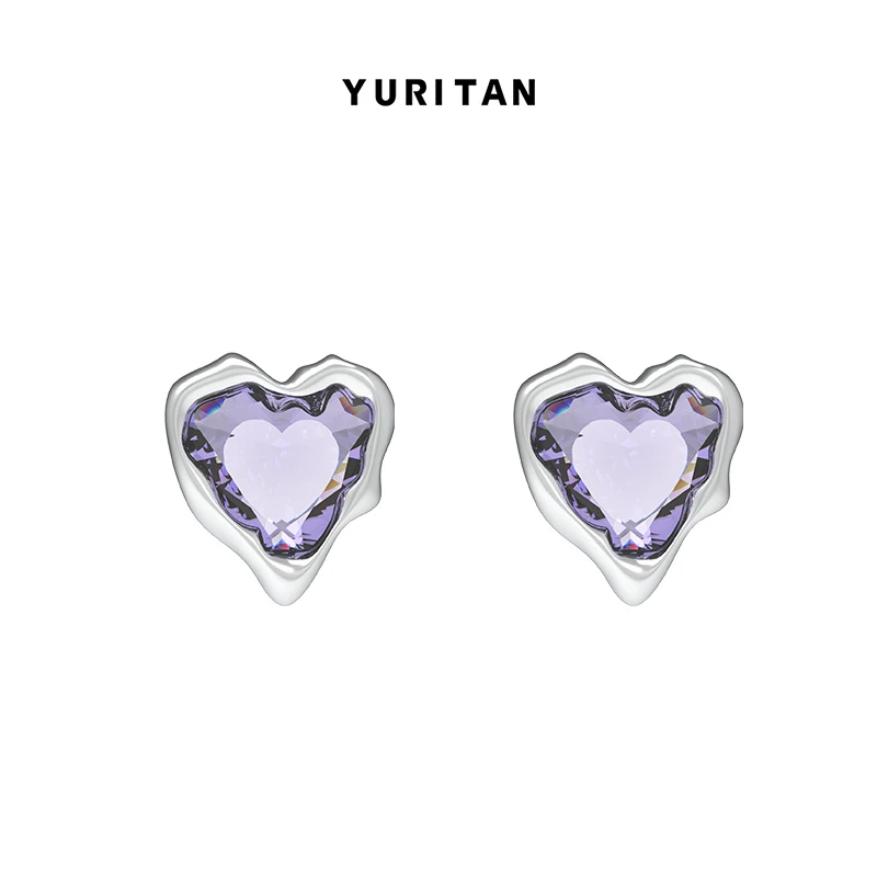 YURITAN铜合金合成锆石耳饰紫色心钻耳钉时尚甜美镀金银针耳饰
