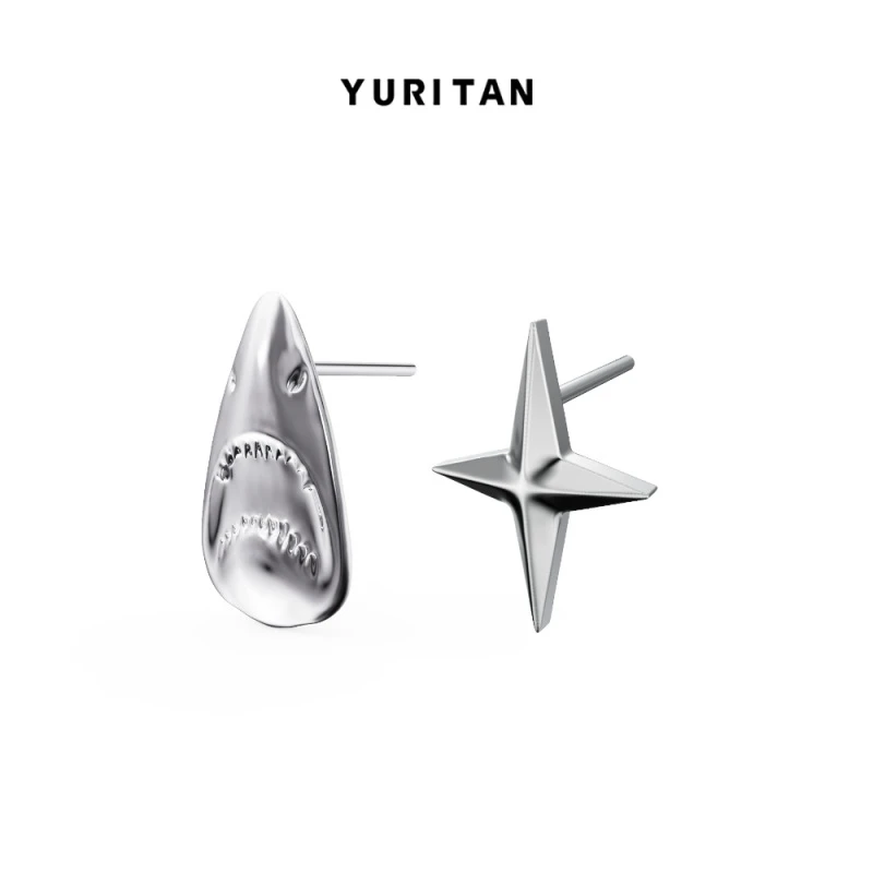 YURITAN铜合金素款耳饰海洋系列鲨鱼头星芒耳钉情侣时尚个性耳饰
