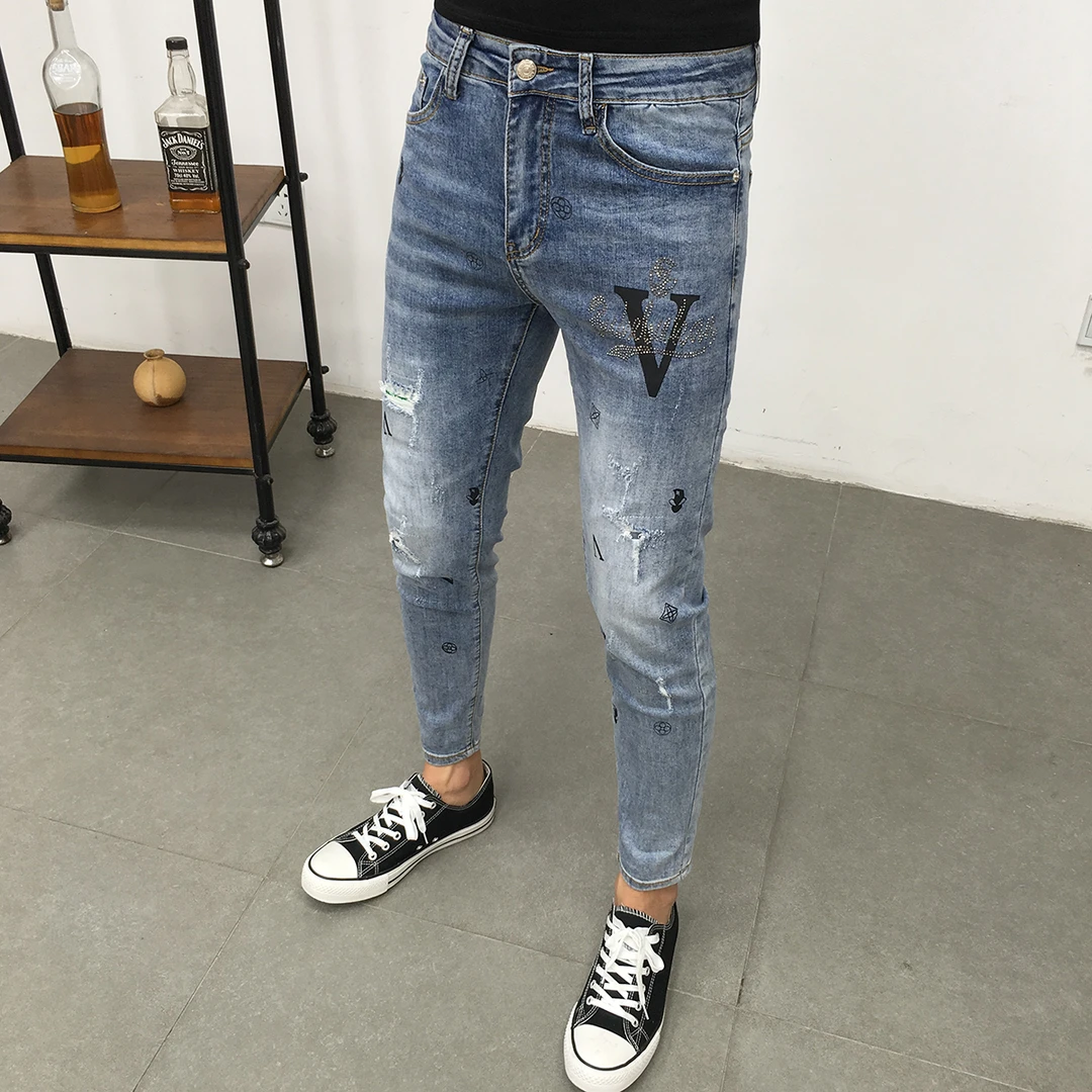 夏季薄秋季潮牌印花修身九分牛仔裤男韩版潮流烫钻破洞小脚裤子