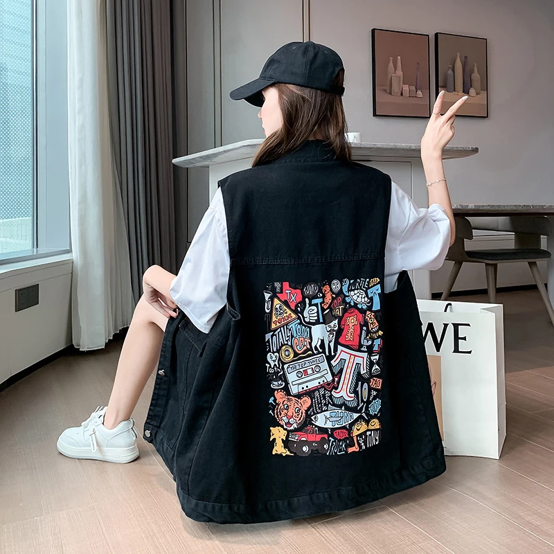 春秋百搭款大码宽松印花设计牛仔马甲韩版无袖牛仔外套200斤可穿