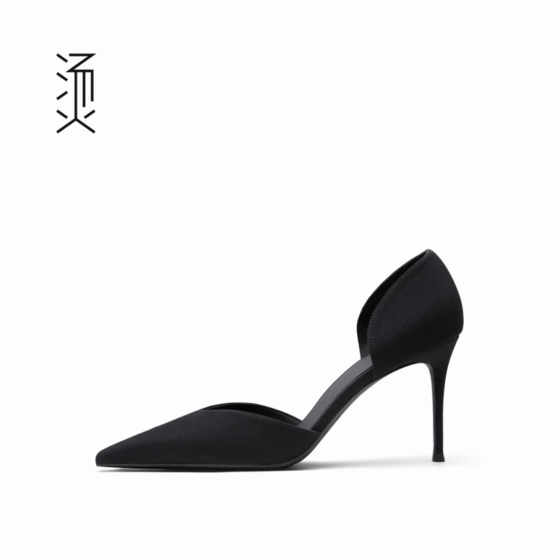 Feeeever/烫 社交女鞋黑色布面尖头细高跟单鞋气质女神范中空凉鞋