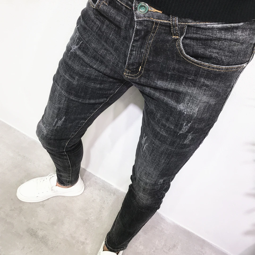 潮牌牛仔裤男黑灰色小脚裤修身复古长裤百搭显瘦春夏新款韩版社会