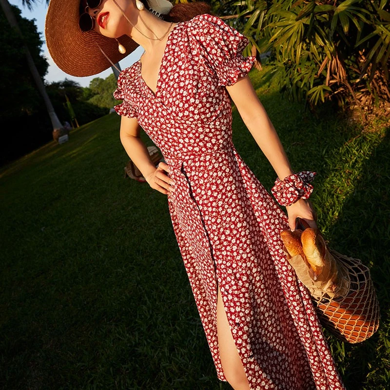 /法式复古夏日浪漫碎花木耳边短袖气质显瘦茶歇裙连衣裙70270