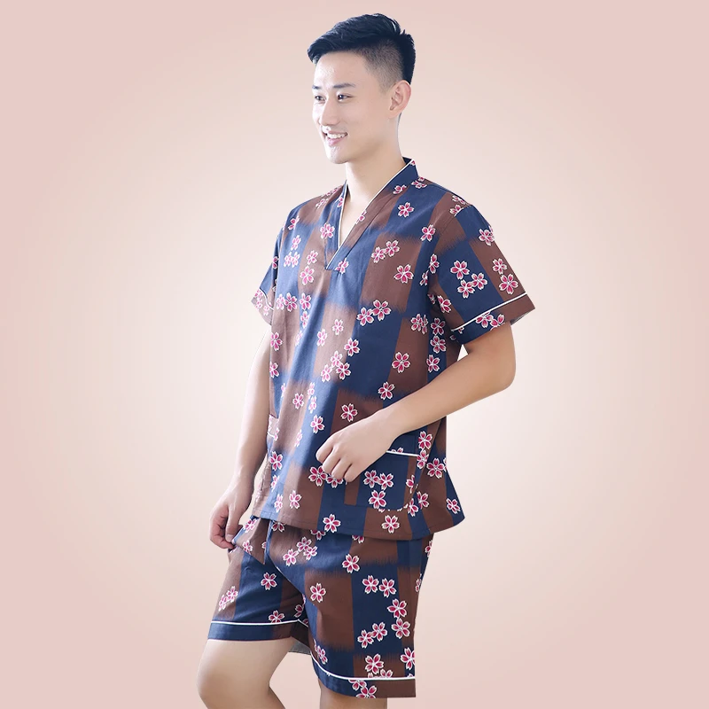 美胜达高档棉质樱花男汗蒸服柔软吸汗透气睡衣按摩桑拿服大码浴服