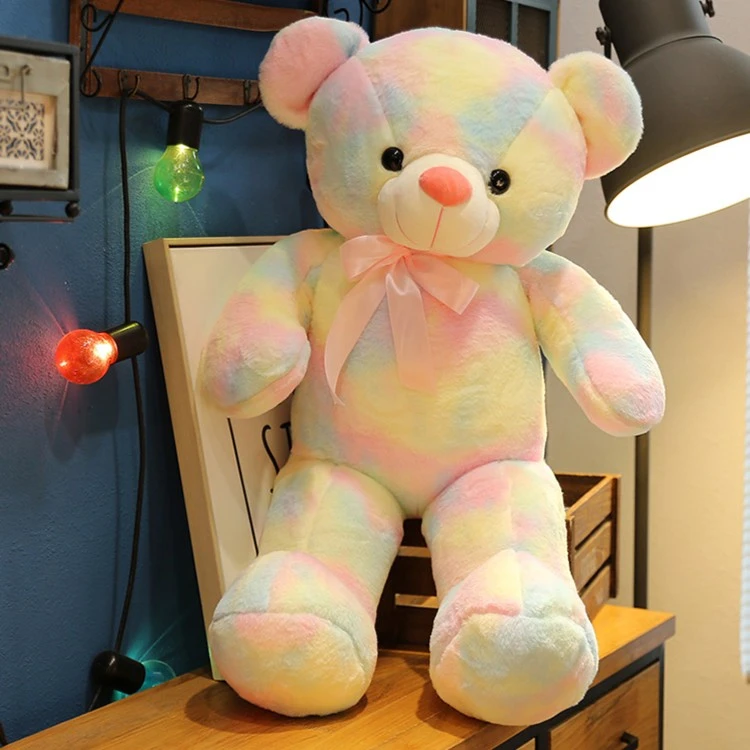 七彩熊抱枕软萌七彩熊公仔丝绸领结熊彩虹坐姿大眼微笑熊表白大熊