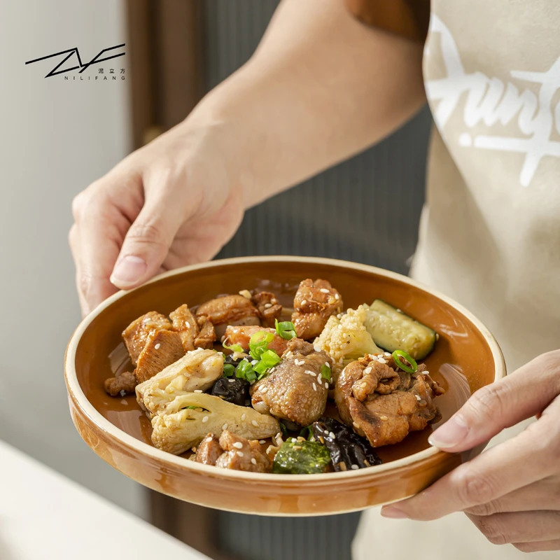 【烤箱通用】复古蒸菜盘鱼盘土陶盘餐具盘子家用可微波菜盘子粗陶碟