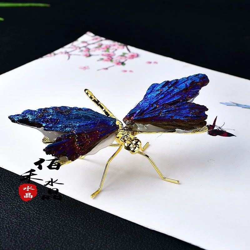 天然水晶蓝蜻蜓摆件手工制作工艺品家居客厅桌面摆设BJ4277