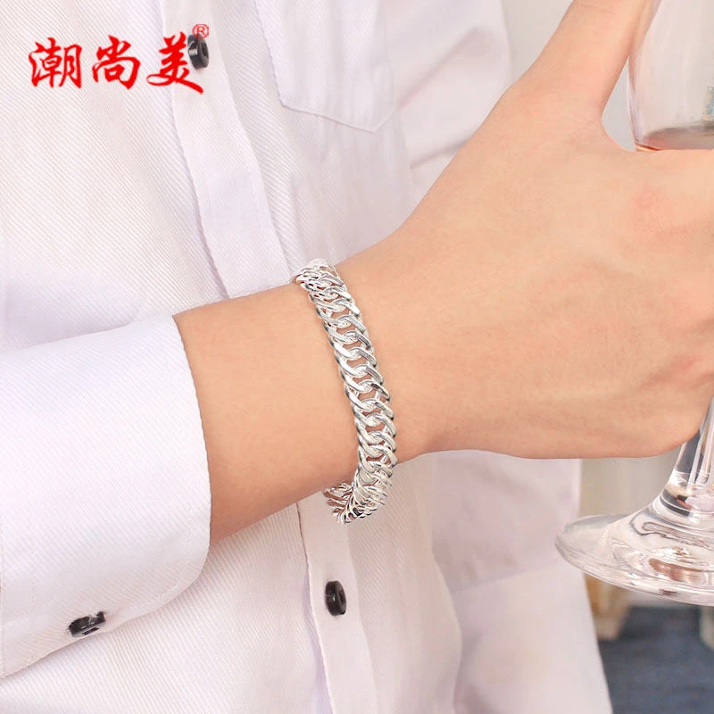 潮尚美 足银手链 马鞭银手链男纯银素款手工个性银饰品时尚霸气