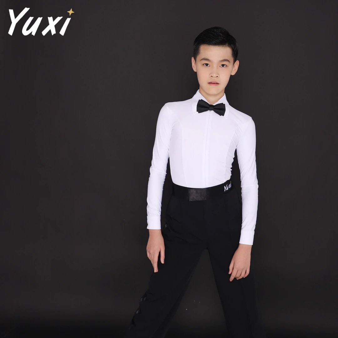 男孩规定服比赛服拼接衬衫上衣长袖修身拉丁舞弹力夏季