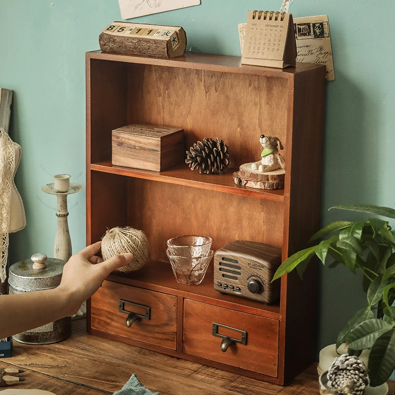 桌面化妆品收纳盒口红护肤品壁挂置物架办公桌手帐抽屉式实木柜子