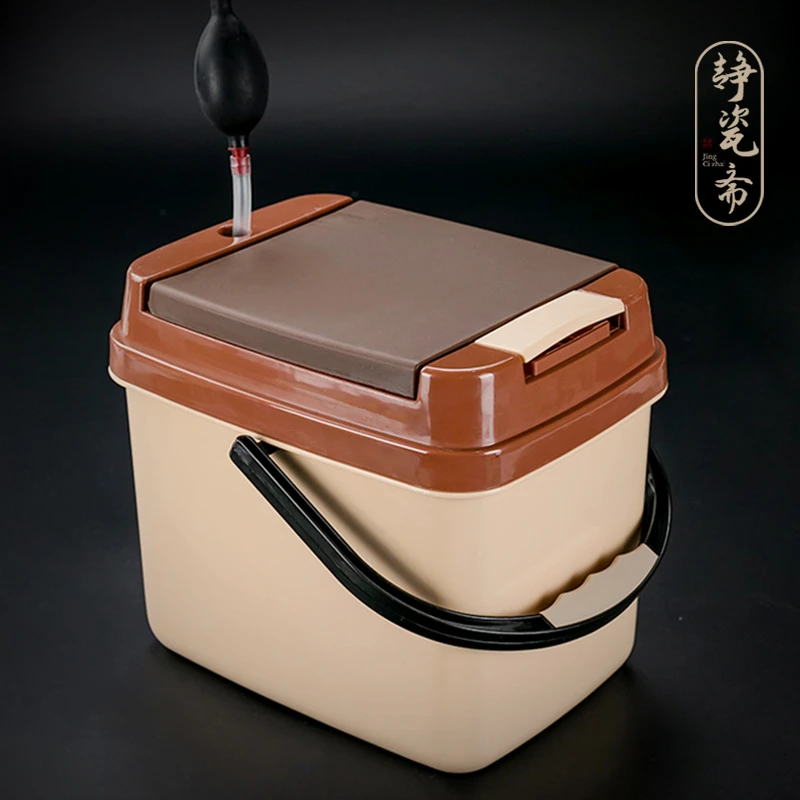 静瓷斋中式简约新品带盖茶桶茶渣塑料废水桶排水泡带提手茶叶桶
