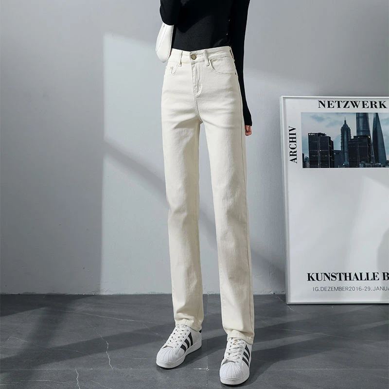 米白色加长直筒牛仔裤女高个子秋冬加绒高腰显瘦窄版宽松烟管裤子
