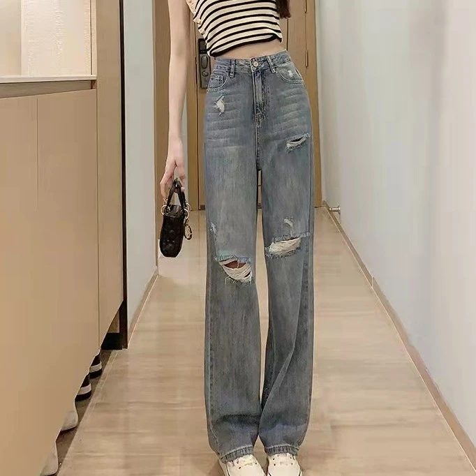 小嘿嘿破洞牛仔裤女宽松春夏薄款高腰直筒裤vibe风裤子美式显瘦
