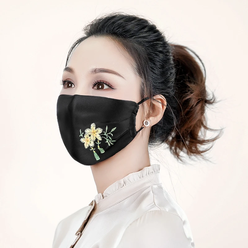 真丝防晒口罩夏加大双层防紫外线可清洗桑蚕丝立体刺绣花面罩遮脸