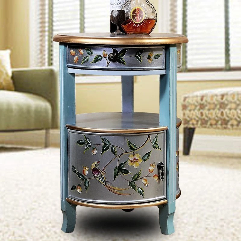 瑞诗欧美式圆角几田园彩绘圆几实木角几边几rs29