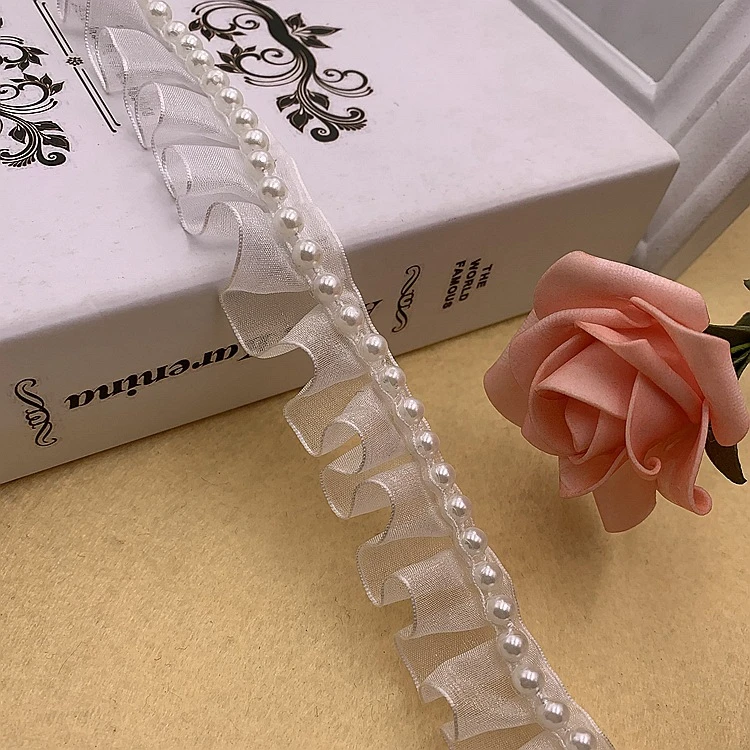 打折欧根纱织带珍珠花边 压折花边服装裙子发饰diy手工花边