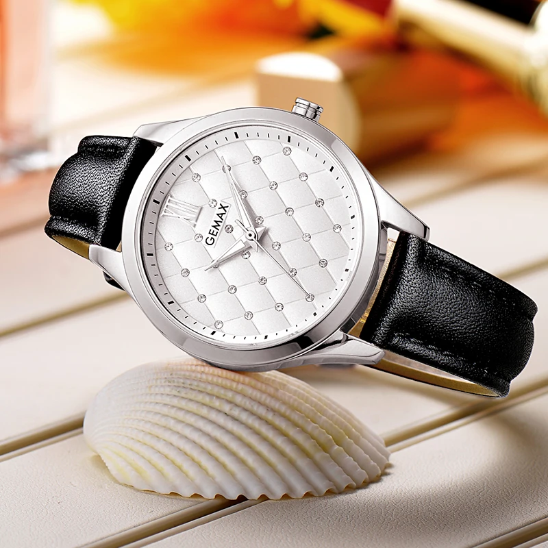 格玛仕女士石英手表时尚菱格表盘镶钻简约皮带百搭气质防水镶嵌