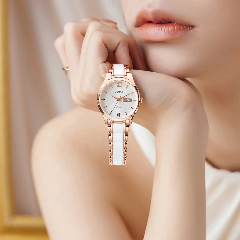 格玛仕气质轻奢小众潮流女士石英手表双日历芯陶瓷钢带时尚百搭