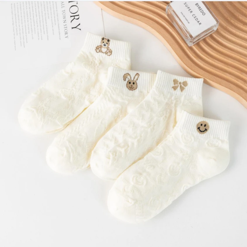 【棉疆浮力】夏季刺绣浮雕短袜不臭脚精梳棉短袜可爱透气薄款女短袜