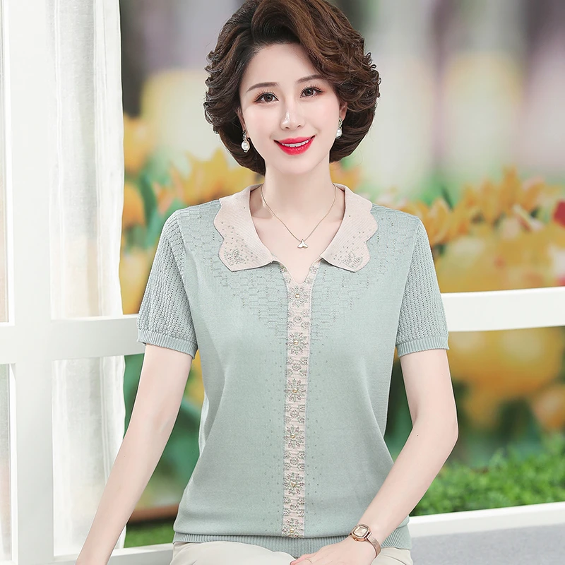 妈妈洋气冰丝上衣服50岁中年女装夏装短袖T恤衫中老年宽松小衫