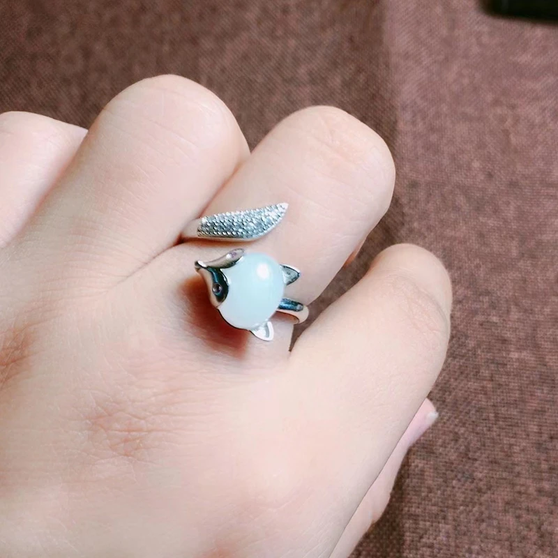 S925纯银镶和田玉白玉狐狸开口活口戒指时尚简约指环女戒免费刻字