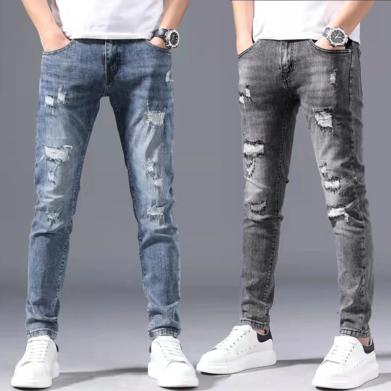 1353轻奢原创潮流破洞补丁修身小脚时尚百搭牛仔裤