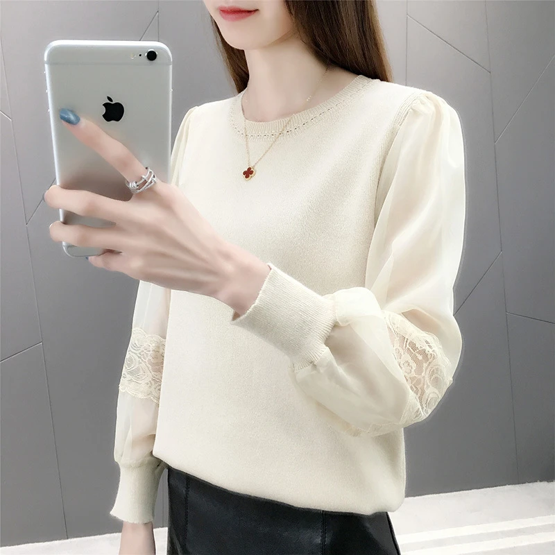 芮2054【雪纺袖蕾丝拼接针织衫】春夏季新款圆领显瘦女时尚气质上衣