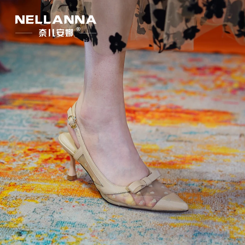 羊皮纱网 透气凉鞋 5厘米 优雅女人网纱蝴蝶结 包头凉鞋夏季细跟