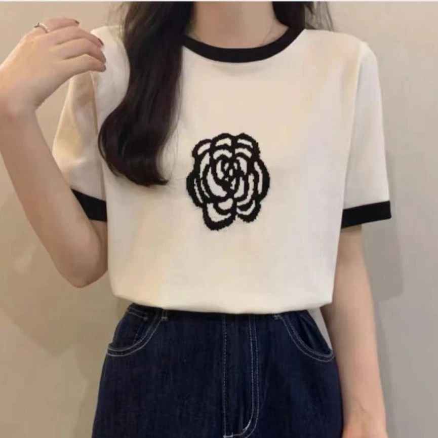 小香风宽松小众设计感上身气质 绵羊毛 圆领短袖~~ YX10W22218