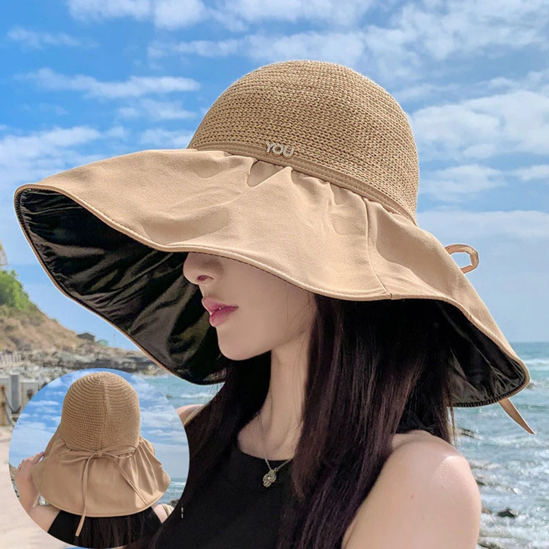 ［水钻标黑胶大檐帽］帽子女夏太阳帽大檐遮脸帽韩版防晒帽透气