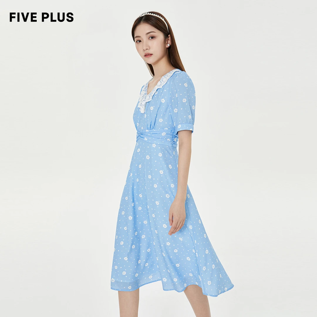 FIVE PLUS波点V领连衣裙女收腰感气质中长款蓝色夏季2WE2081000