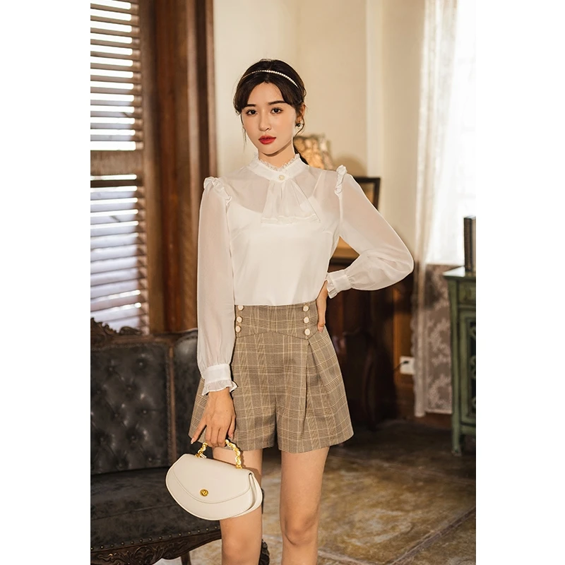 固执秋季新款女复古格子小个子宽松阔腿短裤GZ21CKZ0098DS女装