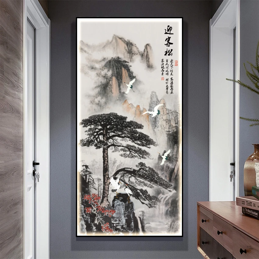 （迎客松玄关画 包邮）新中式山水画晶瓷镶钻画走廊过道装饰挂画