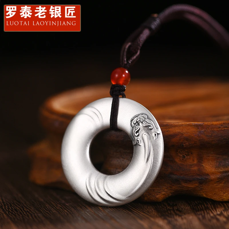 罗泰老银匠 吊坠足银 999纯银平安扣吊坠男女士款民族风貔貅项链