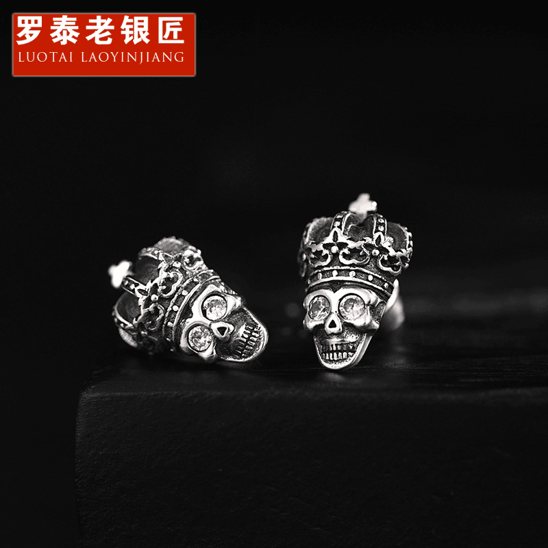 罗泰老银匠 925银耳饰 骷髅耳钉男士个性潮设计感小众痞帅潮流