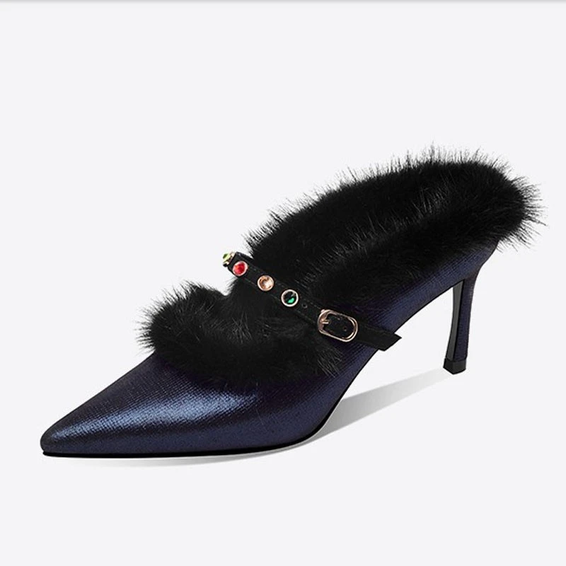 Lemiaonv/乐妙女新款春高跟细跟尖头女单鞋毛毛鞋水钻一字扣拖鞋