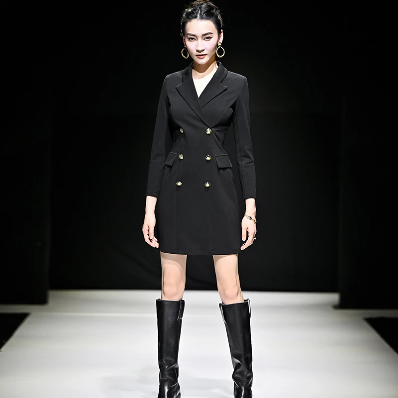 2025春装新款OL通勤双排扣西装领欧美范修身小黑裙女装长袖连衣裙