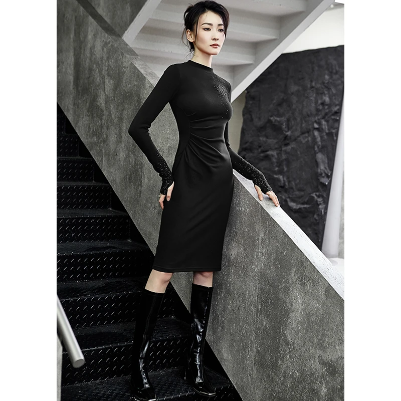 2025秋季德绒修身显瘦高级感内搭高领长袖连衣裙打底黑色包臀裙女