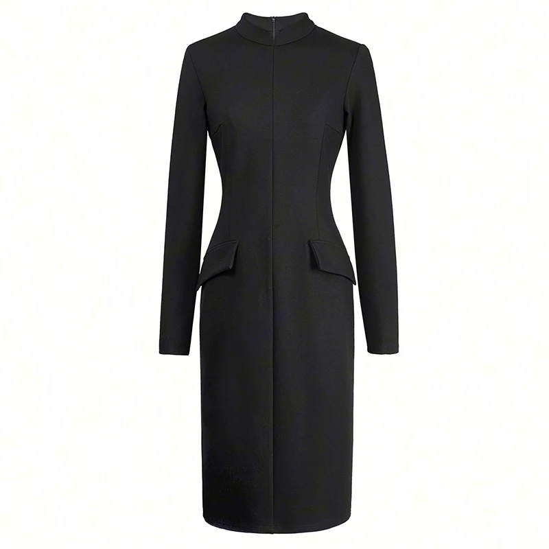 2025秋季新款通勤职业立领长袖收腰显瘦包臀裙气质修身女装连衣裙